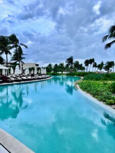 Resort pool surrounded by lush green landscape and palm trees.