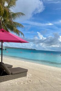 Loungers with an umbrella on a sandy beach overlooking bungalows