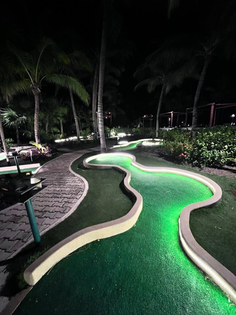 Nighttime mini-golf course with a winding, lit-up green path. Surrounded by palm trees and bushes, the scene feels tropical and serene.
