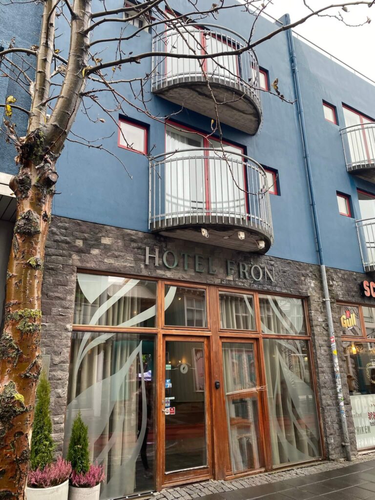 Facade of Hotel Fron featuring a blue exterior and stone accents. Two curved balconies with metal railings are above large wooden doors and frosted windows with decorative swirls. A bare tree is in the foreground, adding a cozy urban charm.