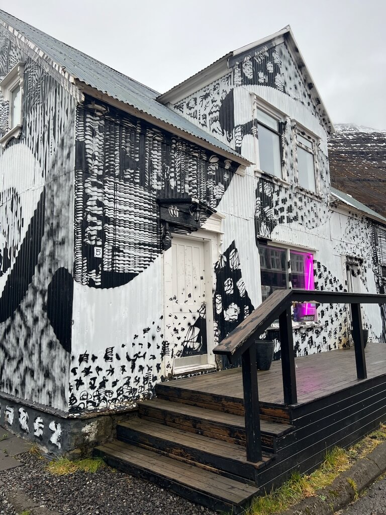 A black and white mural with abstract patterns covers a two-story building. The house has a wooden porch and a pink light glows from a window. The setting is overcast.