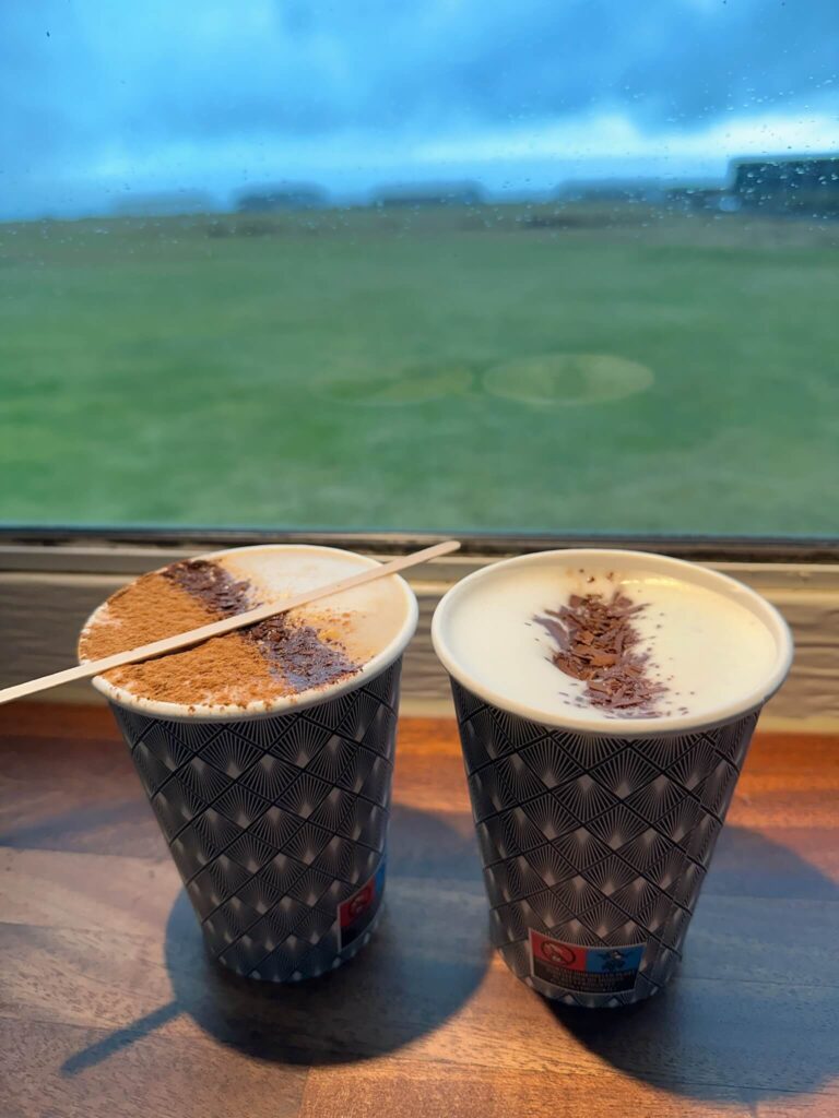 Two cups of frothy coffee topped with cocoa powder and chocolate shavings sit on a wooden table by a window; a rainy landscape is visible outside.