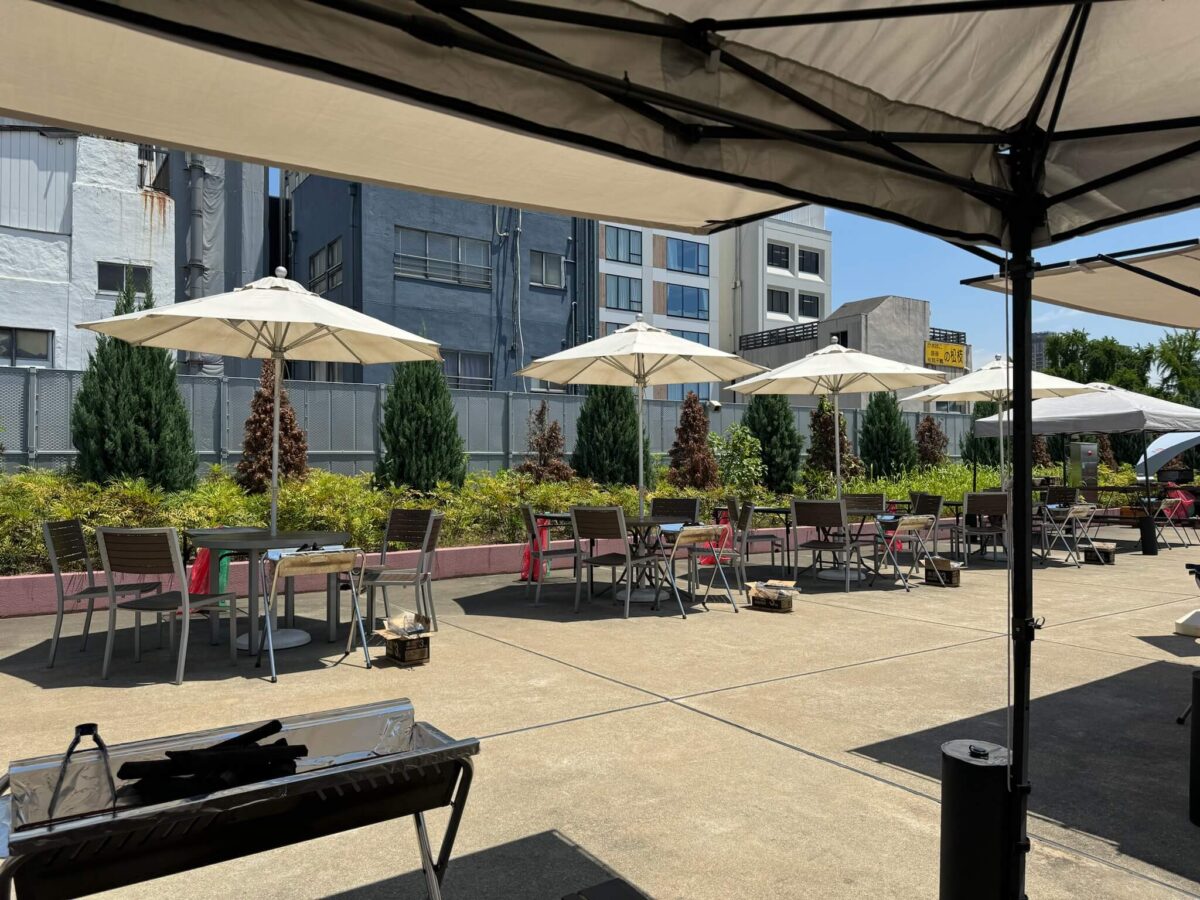 Outdoor patio with tables and chairs under large umbrellas, set against a backdrop of urban buildings and greenery, conveying a relaxed, sunny atmosphere.