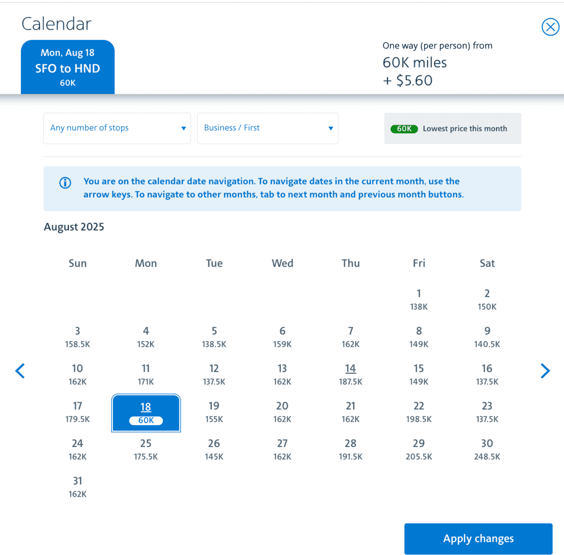 Flight calendar for August 2025, showing mileage costs in thousands. August 18 is highlighted at 60K miles from SFO to HND. "Apply changes" button below.