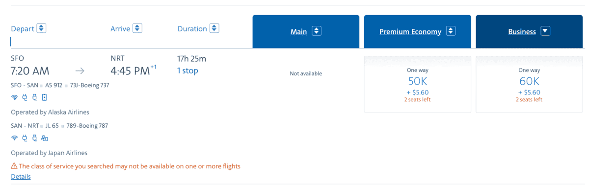 Flight booking details for a trip from San Francisco (SFO) to Narita (NRT) departing at 7:20 AM, arriving at 4:45 PM with a 17h 25m duration and one stop. Options for Premium Economy at 50K miles plus $5.60 with 2 seats left, and Business at 60K miles plus $5.60 also with 2 seats left.