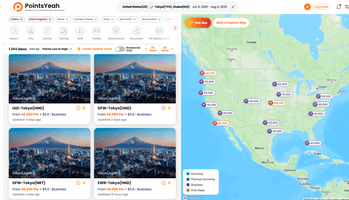 Travel planning dashboard showing Tokyo flights, pricing in points, and map. Four flight options to Tokyo are listed, with a U.S. map displaying flight point values.