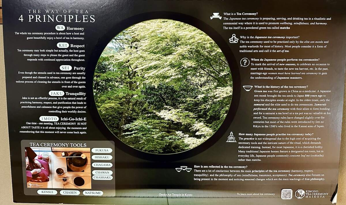 An informational poster about "The Way of Tea: 4 Principles," featuring a circular image of lush green trees. It outlines principles: Harmony, Respect, Purity, and Tranquility, and includes text on the Japanese tea ceremony's significance, history, and Zen philosophy. Tea ceremony tools and their names are displayed, along with details about the practice. The tone is educational and serene, emphasizing mindfulness and tradition.