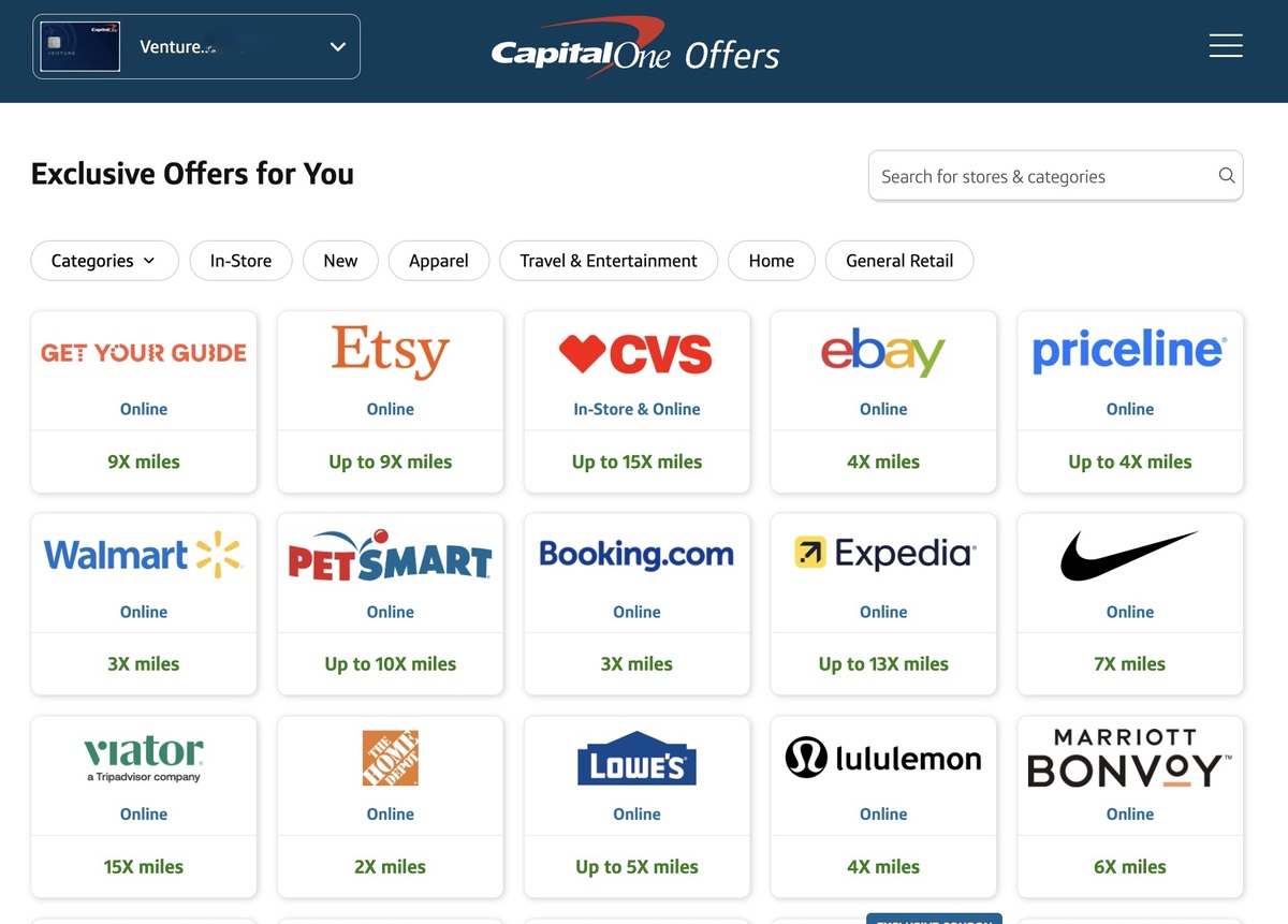 Capital One Offers page shows various retailer logos like Etsy, CVS, and Walmart, with options to earn up to 15x miles for online and in-store purchases.