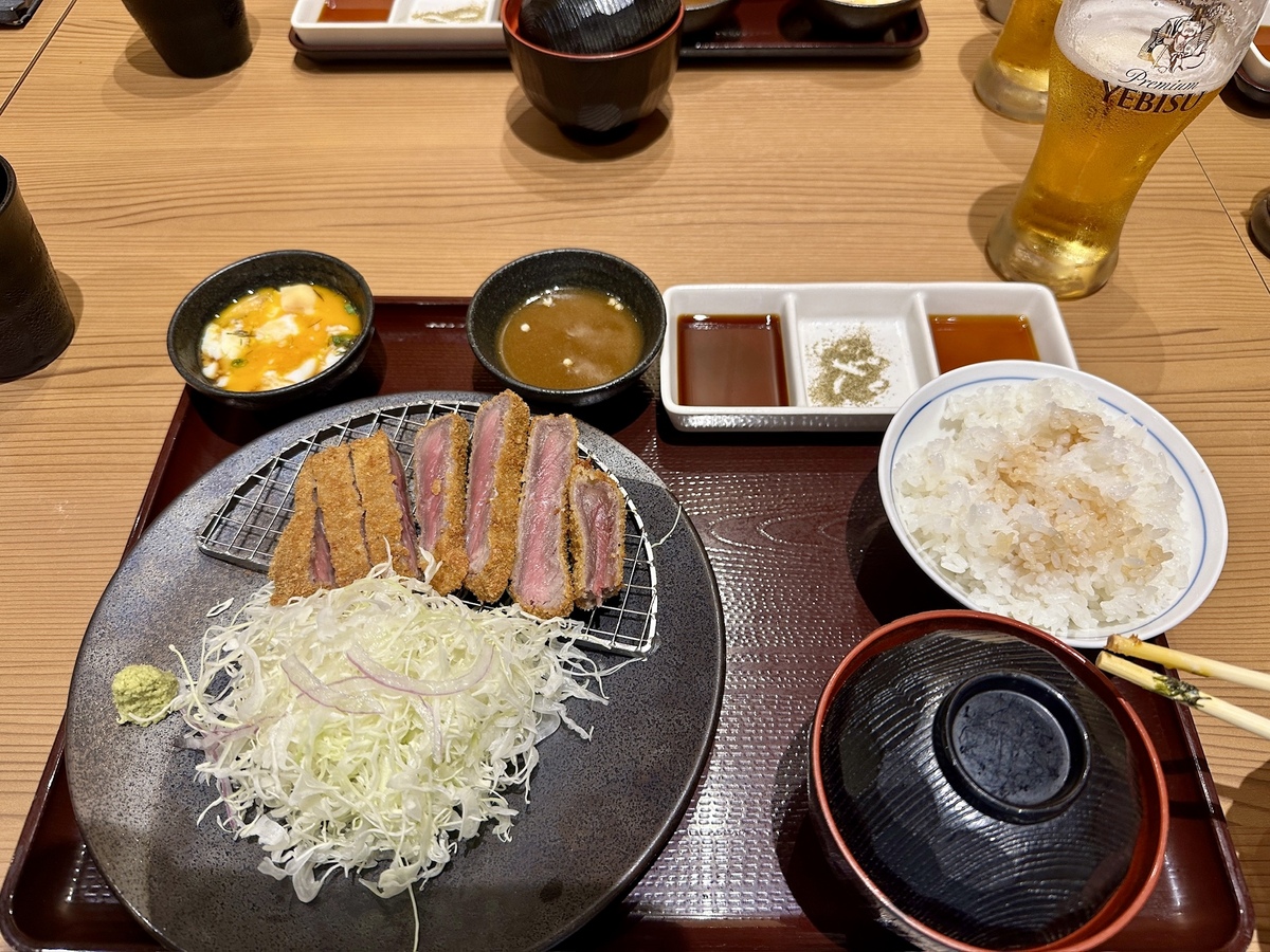 A Japanese meal set on a wooden table, featuring sliced beef katsu, shredded cabbage, rice, sauce, soup, and a mug of Yebisu beer, creating a warm and inviting dining experience.