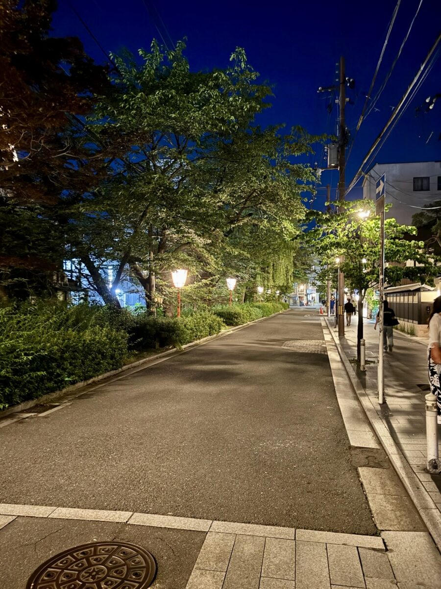 A quiet, tree-lined street at dusk, illuminated by warm streetlights. Few pedestrians walk along the sidewalk, creating a calm and serene atmosphere.