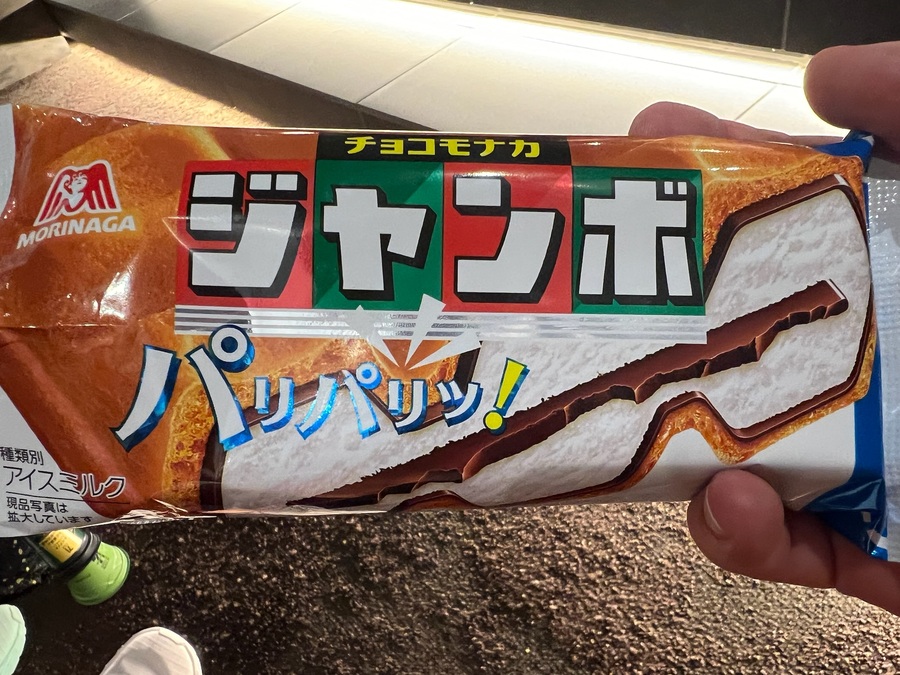 Close-up of a hand holding a Morinaga ice cream package with bold Japanese text and an image of chocolate ice cream bar inside a crispy shell.