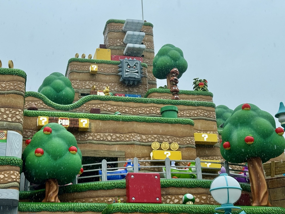 Theme park scene inspired by a video game, featuring layered terrains with question blocks, coin boxes, cartoonish trees, a green pipe, and colorful mushroom elements, evoking a playful, adventurous vibe.