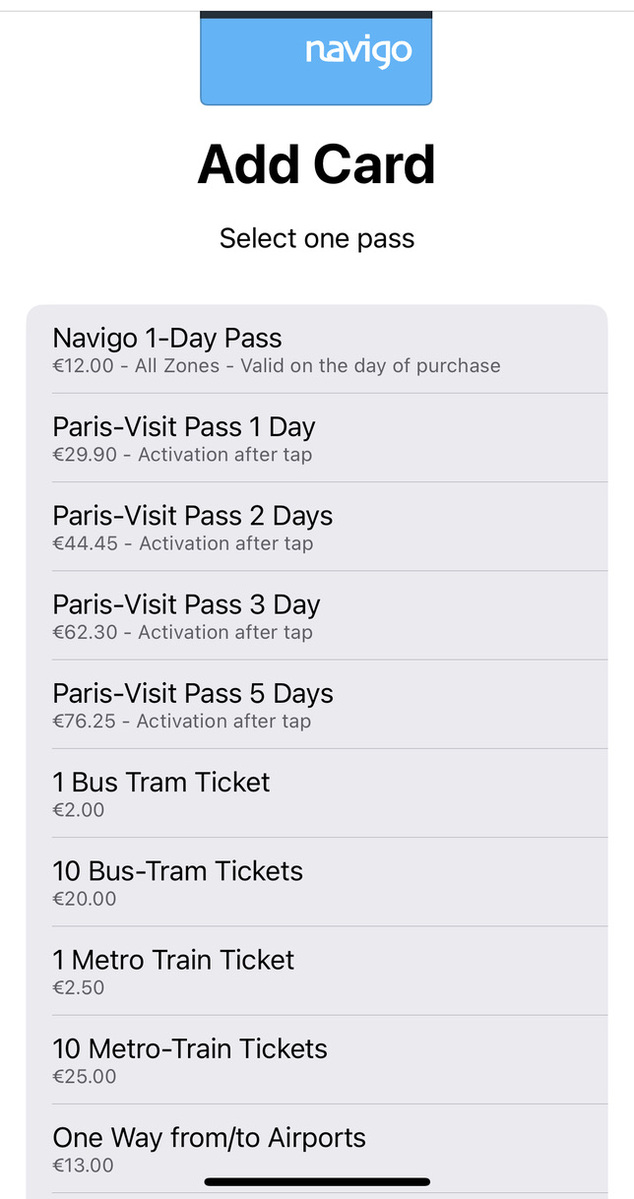 A mobile app screen titled 'Add Card' for selecting travel passes. Options include Navigo and Paris-Visit passes, bus, tram, and metro tickets with prices.