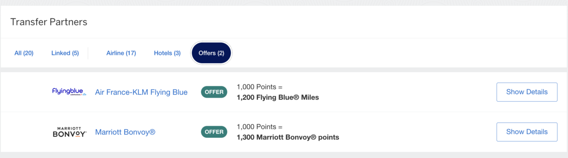 Screenshot of a webpage showing transfer partners offers. Air France-KLM Flying Blue and Marriott Bonvoy offer bonus points for 1,000 points transferred.