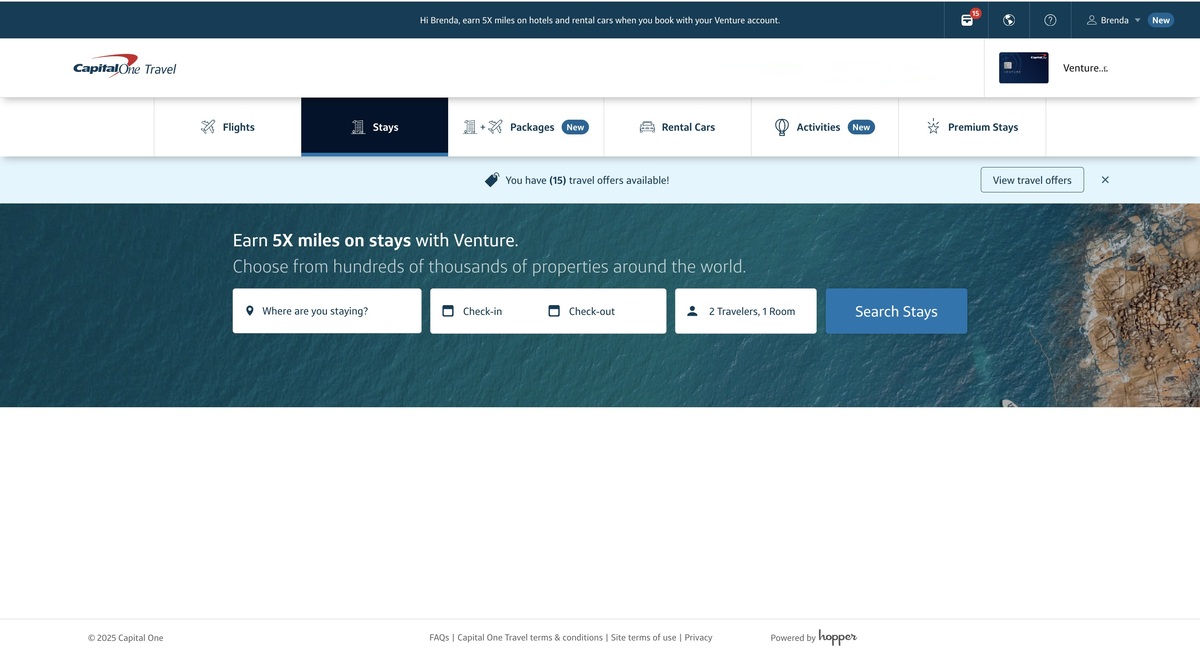 Capital One Travel webpage promoting Venture rewards. Options for flights, stays, packages, rental cars, and activities. Earn 5X miles on stays. Search fields for location, check-in, check-out, and number of travelers. Ocean background image with a coastal area to the right.