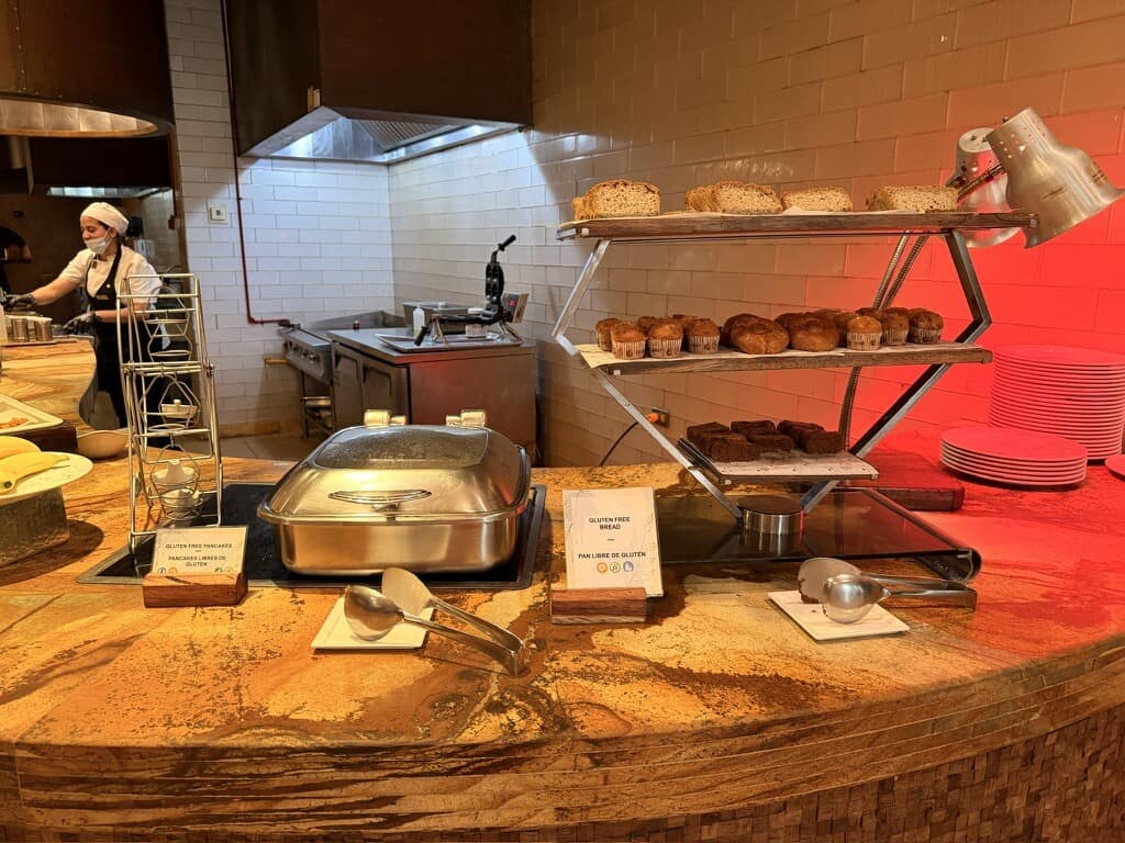 All-you-can-eat breakfast buffet with fresh baked bread and hot dishes at Secrets Akumal.