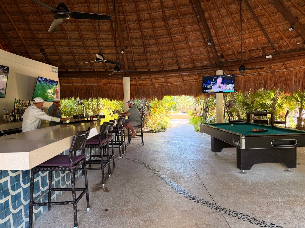 Tropical bar with thatched roof, two men sit at the counter watching sports on TV. Nearby is a pool table. Relaxed, sunny atmosphere with garden views.