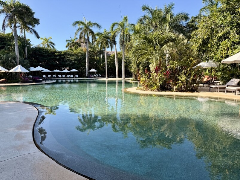 Luxurious tropical pool scene with clear blue water, surrounded by palm trees and lounge chairs under white umbrellas, evokes a serene, relaxing atmosphere.