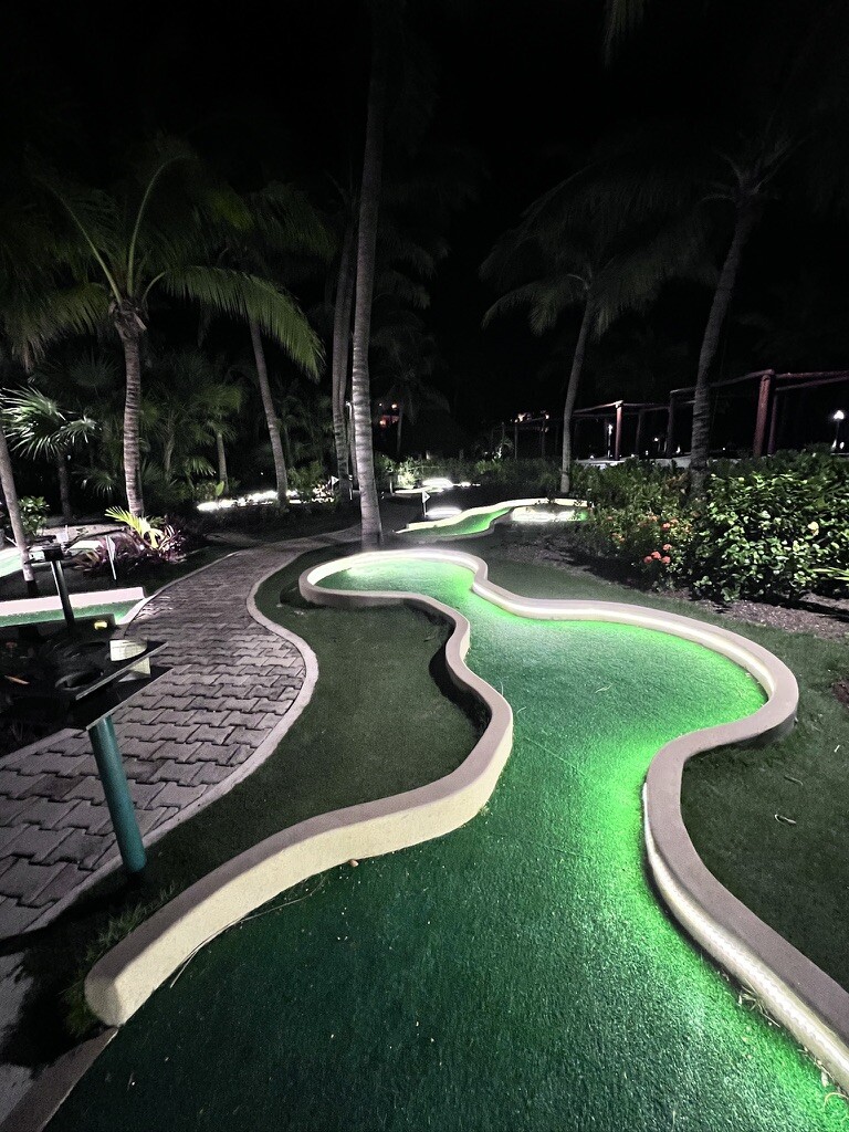 Nighttime mini-golf course illuminated with green and white lights, surrounded by palm trees and bushes, creating a tropical and inviting atmosphere.