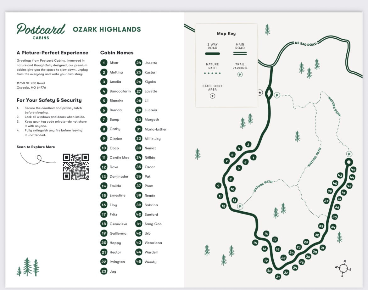 A two-page brochure for Postcard Cabins in Ozark Highlands. The left page lists 27 cabin names and contact information, along with safety tips and a QR code for more details. The right page displays a map with green trails and roads, indicating cabin locations with numbered circles. A map key explains road types and trail bearings. Sparse green trees and a compass add to the outdoor theme.