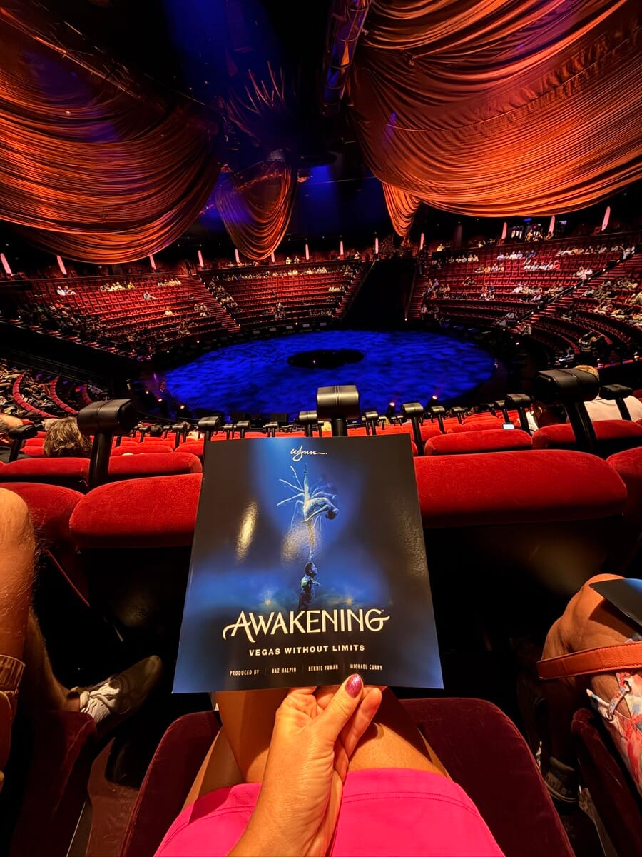 Inside the Cirque du Soleil "Awakening" show at a Las Vegas theater with vibrant stage lighting.