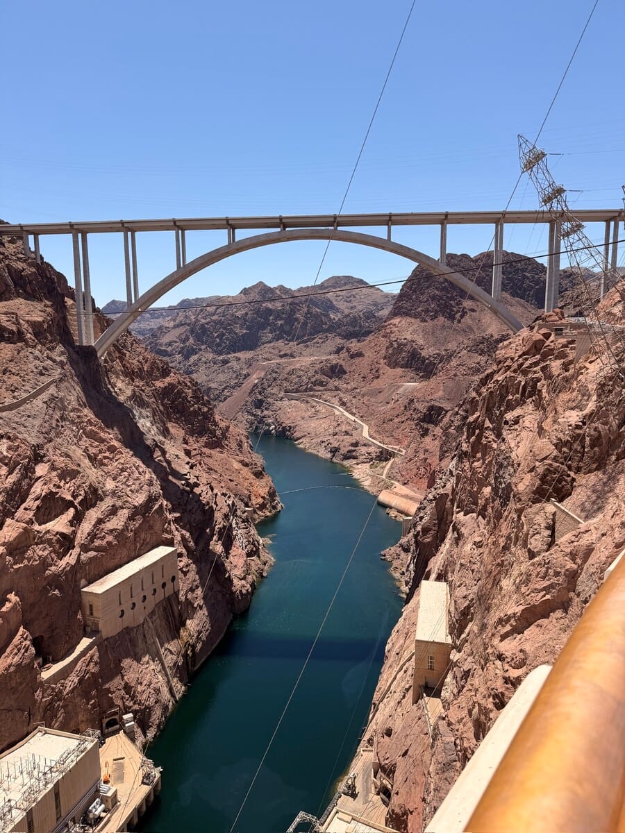 Hoover Dam and Lake Mead with the Mike O'Callaghan–Pat Tillman Memorial Bridge.
