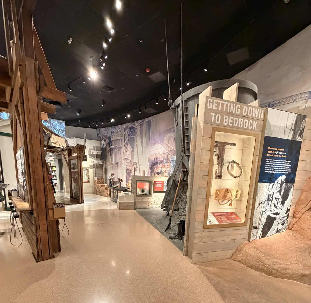 Exploring a museum exhibit about Bedrock and early mining history.