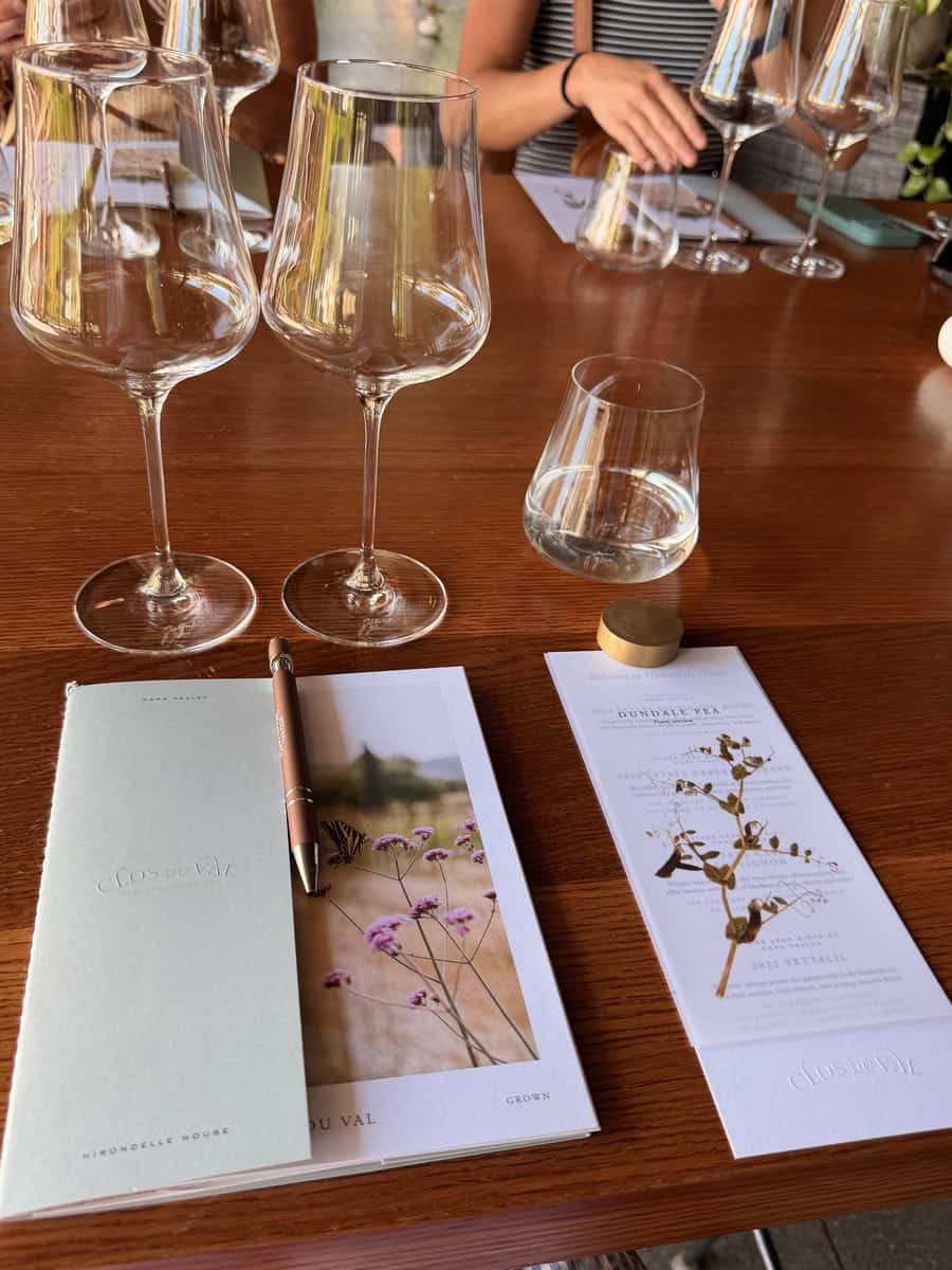 Wine tasting setup with glasses, menu, and a glass of water on a wooden table.